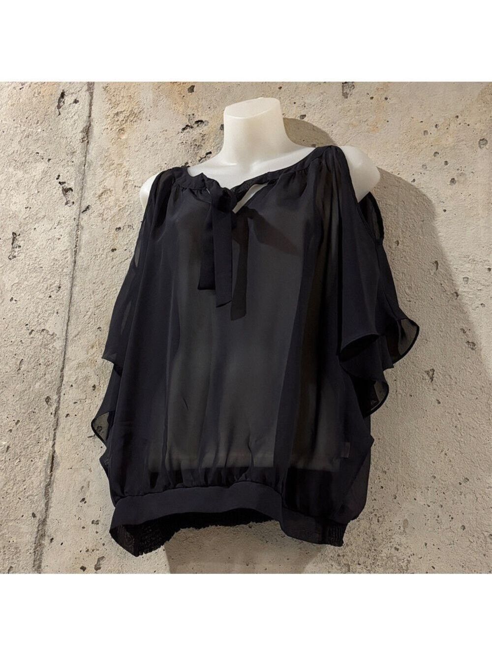 Jennifer Lopez Gray Sheer Blouse With Cold Shoulder Butterfly Sleeves